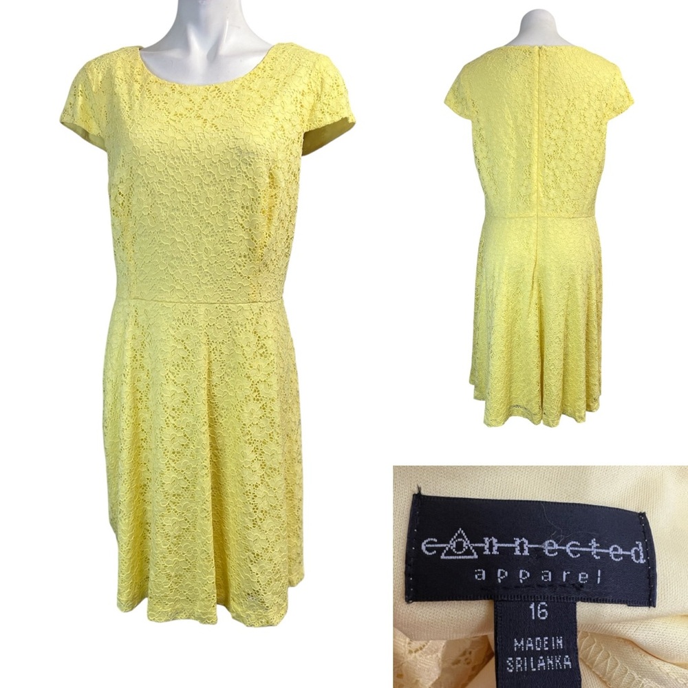 Connected Apparel dress plus size 16 Yellow Lace cap‎ sleeve A-line office